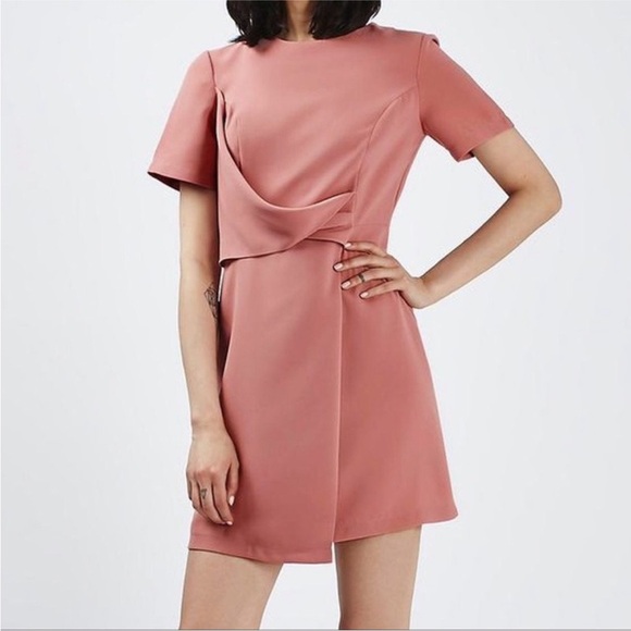 TOPSHOP Twist Front Skater Dress Size 8 Pink Salmon A-Line Capsule Minimalist - Picture 2 of 10